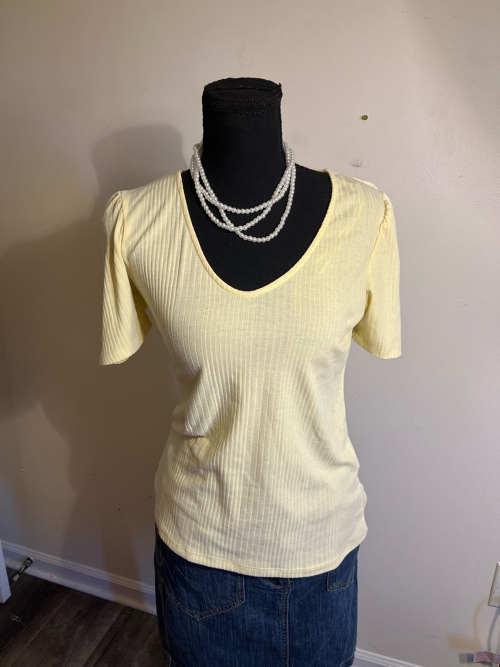 Lauren Conrad Women's Short Sleeve Ribbed V-Neck Top - Light Yellow